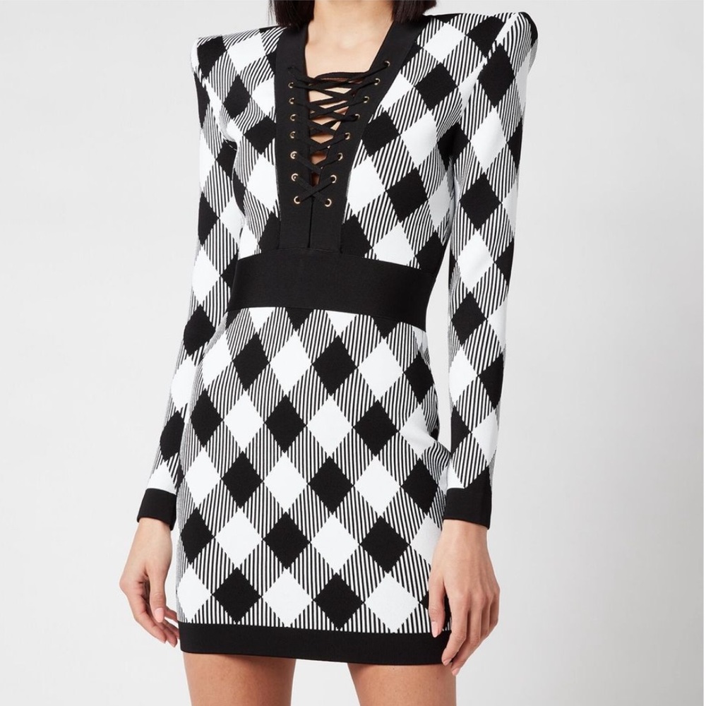 Balmain Gingham Jacquard Lace-Up Dress – Size 40 (Excellent Condition)